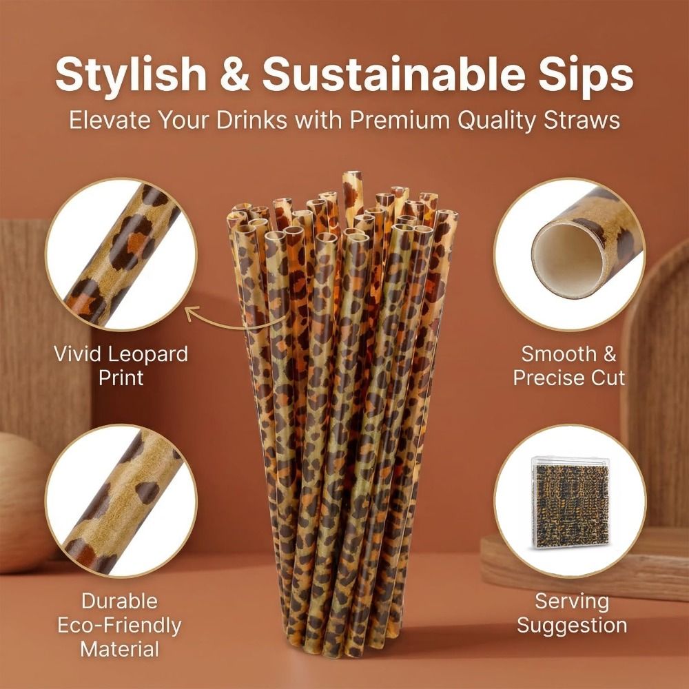 Reusable Straw - หลอดดูดน้ำลายเสือดาวทันสมัย เป็นมิตรต่อสิ่งแวดล้อม ทนทาน หลอดพลาสติกลายสัตว์ที่นำกลับมาใช้ใหม่ได้ เหมาะสำหรับร้านอาหาร