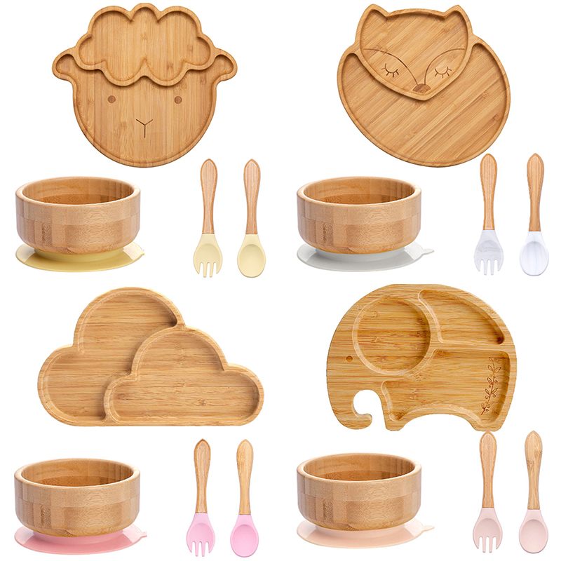 4Pcs ชุดอาหารเด็กแผ่นดูดชามเด็ - Bamboo Cutlery บทวิจารณ์และราคา